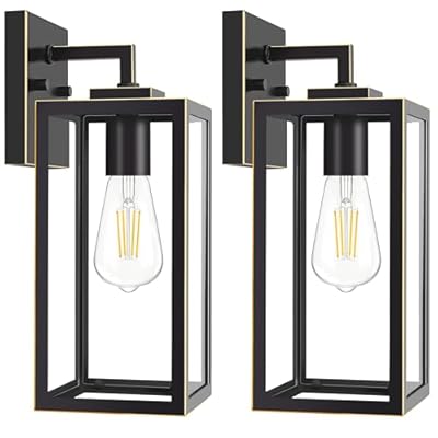 imizdlum Outdoor Wall Light Fixture with Clear Glass, Black Exterior Wall Lantern with Gold Trim, Waterproof Anti-Rust Exterior Farmhouse Wall Sconce for Front Porch, Garage, 2-Pack, E26 Base