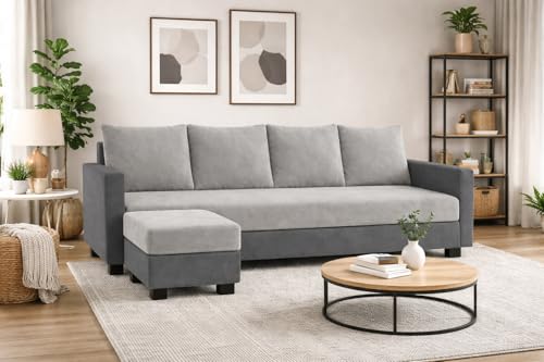 Image of SOCOZI Braven 5 Seater L Shape Sofa Set with Movable Ottoman | Flexible Layout | Soft Velvet Suede Fabric | Modern Design | Plush Comfort Cushions for Living Room (Dark Grey-Light Grey)