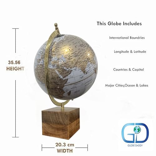 Image of 8 Inch Rotating World Globe with Metal Arc and Wooden Base for Office Table, Geography Learning, Studio or Cafe Decoration, Unique Gifts, Birthday and Anniversary Gift.