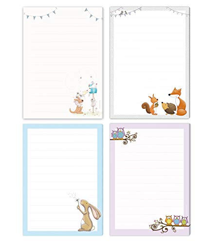 4 Schreibblöcke POST FÜR DICH, WALDTIERE, HASE & EULEN - jeweils DIN A5 liniert mit 50 Blatt einseitig bedruckt/Briefpapier für Kinder/Briefblock Kinder Cover
