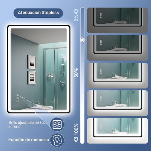 Miniatura 6 de Starlead 60x80cm Negro Espejo-Baño-Con-Luz Y Bluetooth, Antivaho, Regulable, 3 Colores Luz, Función Memoria, Ip44 Vidrio Templado Espejo-Led-Baño, Horizontal Vertical, Marco No Metálico