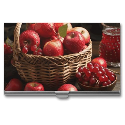 Red Fruit in A Basket Porte-cartes de visite fin et portable en métal pour cartes de visite, cartes de crédit, pour homme et femme, pour voyage, bureau, argent, taille unique, Argent, One size,