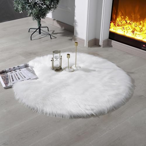 linmopm Tapis en Fausse Fourrure de Mouton à Poils Longs pour Chambre à Coucher, Chevet, lit, Sol, Salon, Tapis Rond en Peluche Haute densité, 0,9 x 0,9 m,...