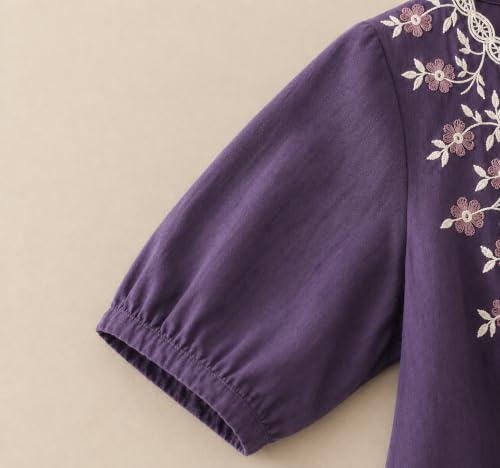 Image of RIEKA Womens Embroidered Korean Style Tunic Top, Floral Thread Work | V Neck | Puff Sleeves | Relaxed Fit Casual | Fusion Rayon Top for Every Day Styling