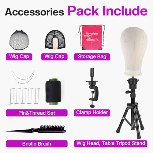 23 Inch Wig Head,Wig Stand Tripod with Head,Canvas Wig Head Stand with Mannequin Head for Wigs,Manikin Head Block Set for Wigs Making Display with Wig caps,T Pins Set,Bristle Brush - Image 5