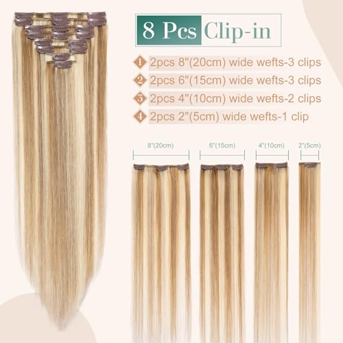 Image of Benehair Clip in Hair Extensions Real Human Hair 8pcs 12inch Remy Human Hair Extensions Straight Hair Extensions Ombre Light Brown Mixed Bleach Blonde