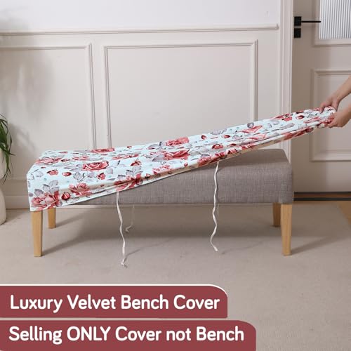 Image of HOKIPO Premium Printed Velvet Stretchable Dining Bench Slipcover, Red Cottage Rose (AR-5798-D6)