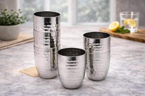 Image of Drinking Glasses Set | Premium Heavy Guage | Silver Mirror Polish | Break Resistant | Gifting Item | 350ml | Set of 6 (Mathar)