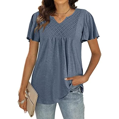 Wenrine Women's Summer Tops Flared Sleeve Notch Neck T-Shirts Crochet Detail Casual Loose Fit Top Tees, Blue-grey, Small Cover