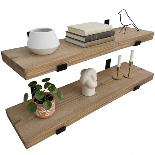 Image of Top Notch Home & Living Pack of Two Handcrafted Rustic Wooden Wall Shelves, Incl 2 Up Brackets per Shelf, Wood Shelf Made in the UK from Solid Timber, Heavy Duty for Kitchen, Bathroom & Living Room