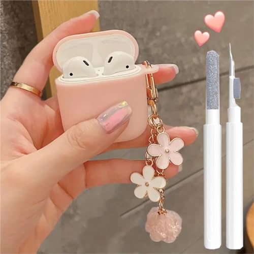 Cute Pink Case for Airpods 2nd/1st Generation Cover for Girl Women with Pom pom Flower Keychain & Cleaner Kit, Soft Silicone Airpods iPod 2nd/1st Gen Protective Cover Skin for Airpods 2/1 Gen, Pink by OTOPO - Used condition - US$5.35