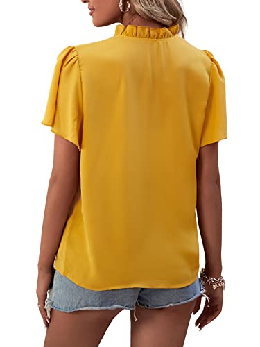 Lyaner Women's Elegant Frill Mock Neck Ruffle Short Sleeve Blouse Work Shirt Top Yellow Medium #TOP1