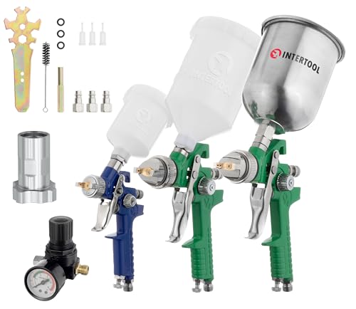 INTERTOOL HVLP Air Spray Gun Set, 2 Full Size and 1 Detail Gravity Feed Paint Guns, 0.8, 1.3, 1.7 mm Nozzles, Air Pressure Regulator, Disposable Cup Adapter PT08-1505