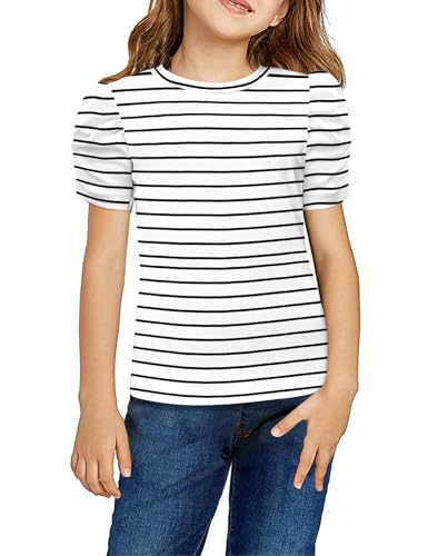 Image of Arshiner Girls Puff Short Sleeve Shirts Summer Ribbed Knit Crewneck T Shirt Tops Tee Blouse