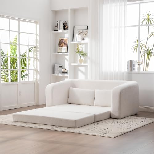 Convertible Chenille Sofa Bed Lounge Chair Sleeper Couch with Armrests Pillow, Foldable Floor Mattress for Living Room Bedroom Apartment Seating Relaxation Support Cloud Seat (Ivory,Chair+Loveseat) - Image 4
