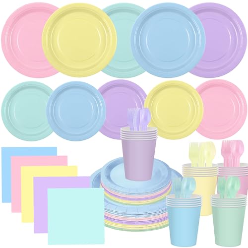 EUVBOKW 200 Pcs Pastel Party Supplies Disposable Dinnerware Set Includes Paper Plates Cups Napkins Plastic Forks Knives Spoons for Spring Easter Wedding Birthday Party Decorations Serves 25 Guests