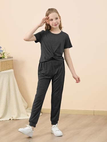 Image of GORLYA Girls Pant Sets Clothing Suits Twist Knot Sweat Crop Tops and Casual Sweatpants 2PCS Tracksuit Outfits 6-14Y