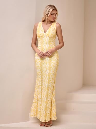 Image of Parthea Summer Wedding Guest Dresses for Women V Neck Backless Elegant Sleeveless Floral Lace Bodycon Maxi Dress