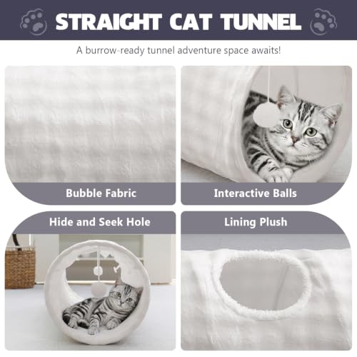Image of Straight Bubble Cat Tunnel for Indoor Cats 47 inchx12 inch, Cream White | Cute Cat Toys, Collapsible Tunnel Tube with Hanging Balls for Puppy Kitten Rabbit