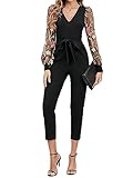 WDIRARA Women's Floral Embroidery Jumpsuit Mesh V Neck Bishop Sleeve High Waist Crop Belted Romper Pants Black M