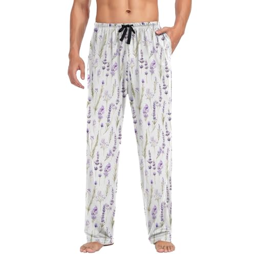 Men’s Lavender Flowers Pajama Pants with Pockets, Comfortable Lounge Sleep Bottoms#1153