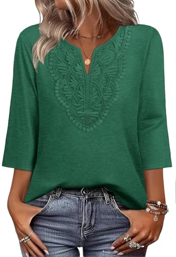 Image of WIHOLL 3 /4 Length Sleeve Womens Tops Boho V Neck Lace Shirt Trendy Blouses Dressy Casual Vacation Clothes S-3XL