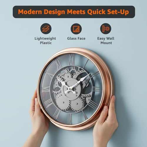Image of Amazon Basics Plastic Wall Clock with Chrome Finish, Skeleton Dial Design, Lightweight & Durable, 30.5 cm Diameter x 4.3 cm Width, Ideal for Indoor Decor - Rose Gold