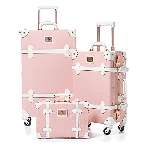 Unitravel Vintage Luggage Set, 3 Piece Retro Spinner Suitcase with Carry On Cosmetic Train Bag for Women (Embossed Pink, 26"+20"+12") Cover
