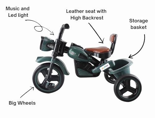 Image of JoyRide Ninja Plug N Play Durable Kids /Pedal Baby Tricycle, Storage Basket, Leather Seat, Led Headlight, Music for 18 Months to 5 Years Boys /Girls /Carrying Capacity Upto 30 Kgs Military Green