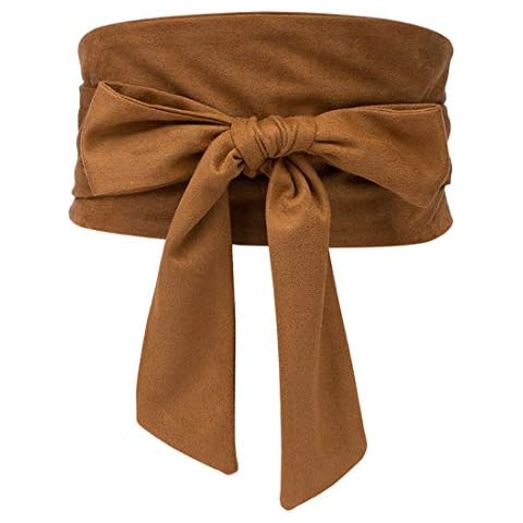shengweiao Women's Self Tie Wrap Around Obi Soft Wide Waist Band Cinch Boho Dress Belt (Brown, Fit to waistline 26.7"- 35.4") Cover