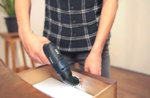 User operating the Ferm CDM1150 screwdriver with the angle attachment in a drawer.
