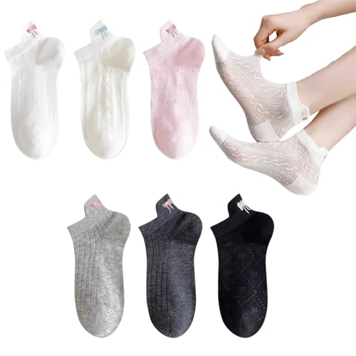 Kawaii Short Socks Breathable Mesh - Embroidered Bow,Sweet Ballet Style,6-Pack for Daily & Travel(US Sizes 6-11)