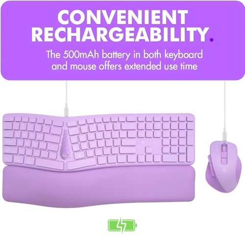 X9 Purple Ergonomic Keyboard Mouse Wireless Combo - Type Comfortably Longer - 2.4G/Bluetooth Split Keyboard, Multi-Device, Soft Wrist Rest, Rechargeable, Silent Ergo Keys - Laptop, PC, Mac,iOS,Android