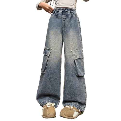 Tween Girls Cargo Jeans-Elastic Waistband Wide Leg Y2k Pants with Big Side Pockets, Baggy Jeans for Girls2