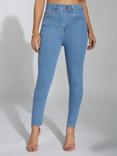 Image of Miss Chase Women's Skinny High Rise Cropped Fringed Hemline Detailing Stretchable Denim Jeans