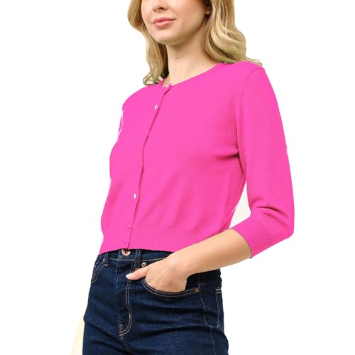 Image of Women's Cropped Cardigan 3 /4 Sleeve Crewneck Button Up Sweater Knit Top (S~XL)