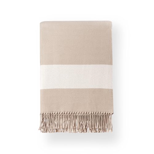 Hofdeco Premium Coastal Decorative Throw Blanket for Patio Couch Sofa, Neutral Tan Plaid with Fringe, 51"x71"