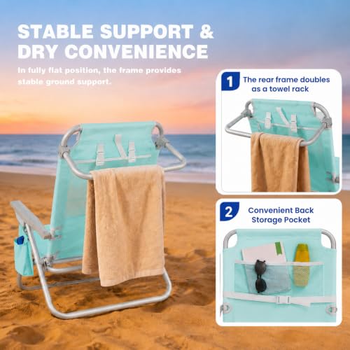 Image of SUNNYFEEL XL 28 inch Extra Wide Beach Chair for Adults,Low Backpack Beach Chair | 5-Position Lay Flat Reclining, 500 lb Heavy Duty Folding Chair with Pillow & Cup Holder, Teal
