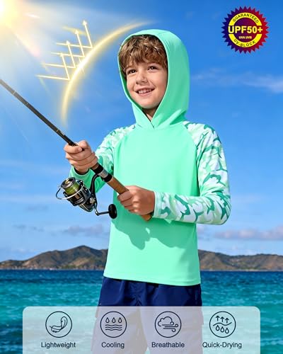 Image of Boys Rash Guard Swim Hoodie, Kids Long Sleeve Sun Fishing Shirts