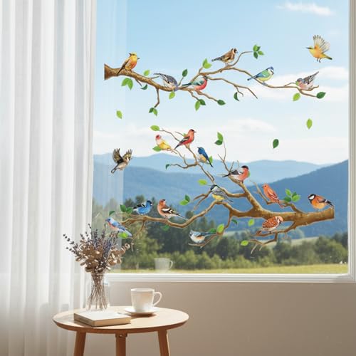 4 Pcs Stickers Muraux Oiseaux de Jardin sur Branches Autocollants Muraux Amovibles Oiseaux sur Arbre Décoration Murale Facile à Décoller et à Coller pour...