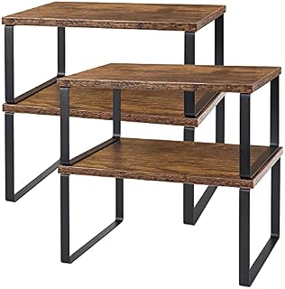 Kitchen Cabinet Shelve Organizer , Set of 4 Counter Shelves, Stackable and Expandable Counter Top Organizer Racks for kitchen bathroom, Industrial Rustic Brown Wood