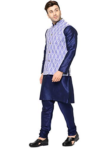 Image of SAIFOO Men's Silk Navy Blue Kurta Pyjama & Printed Nehru Jacket