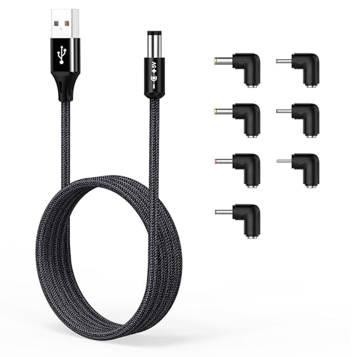 AGVEE 3.3ft USB to DC 5V Power Cord 5521(5.5x2.1mm) | Braided Nylon & Aluminum Shell | 6pcs DC Adapter Tips | Fast & Durable Charging for CCTV Cameras Routers LED Strips Black