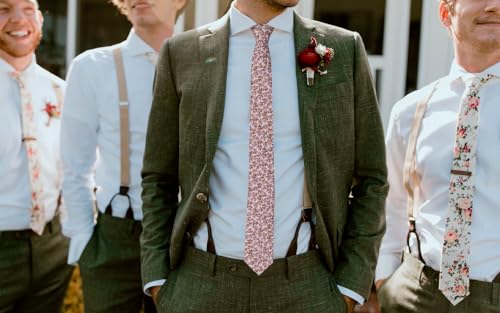 Image of Mantieqingway Men's Skinny Tie, Cotton Floral Ties for Men Wedding Necktie for Groom, Groomsmen, Missions, Dances