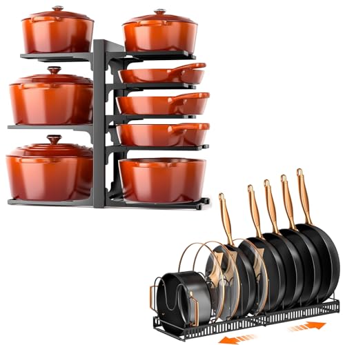 Bundle Deal! 8-Tier Pots and Pans Organizer Rack and Expandable 11.71''-22.85'' Pot Lid Organizer