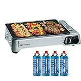 KEMPER - Plancha de gas portátil, 2300 W, antiadherente, con 4 cartuchos de camping gas y maletín de transporte