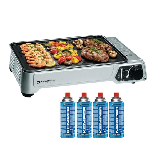 KEMPER - Piastra per barbecue a gas portatile, 2300 W, piastra antiaderente + 4 cartucce di gas da campeggio + valigetta per il trasporto