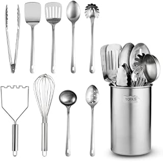 FineDine Kitchen Utensils Set - 10-Piece, Stainless-Steel Cooking Utensils w/ Spoons, Whisk, Spatula, Tongs, Ladle, Masher & Cooking Utensils Holder - Kitchen Accessories, Gadgets and Tools