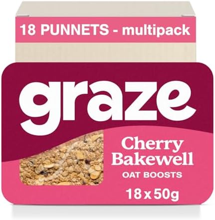 Graze Cherry bakewell Oat Flapjacks, Vegetarian Snacks, 3 Bars per Punnet, Whole Oats & Natural Flavours - Packaging may vary - (18 x 50g Snacks)(Cherry Bakewell)