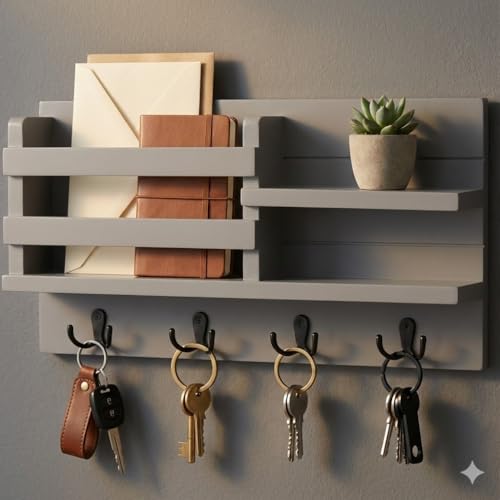 Image of Key Holder for Wall with Mail Shelf & 4 Hooks | Engineered Wood (Grey, Elegant Mail Organizer - 35.5 x 9 x 23 cm)